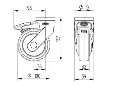 Tente Drejeligt hjul m/bremse, LEVINA, grå gummi, Ø100 mm, 100 kg, DIN-kugleleje, med plade RAL7001 Byggehøjde: 137 mm. Driftstemperatur:  -10°/+40° 00035831