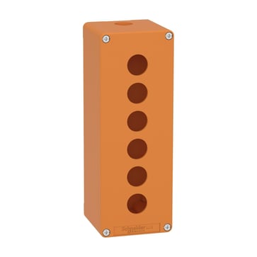 Harmony tom trykknapkasse i orange metal med 6 x Ø22 mm huller for trykknapper og 1 x M25 forskruning 220 x 80 x 77 mm XAPO4506