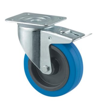 Drejeligt hjul m/ bremse, blå elastisk gummi, Ø100 mm, 160 kg, rulleleje, med plade Byggehøjde: 128 mm. Driftstemperatur:  -20°/+80° 00001426