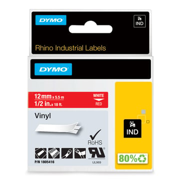 Dymo Rhino industri vinyl tape 12mmx5,5m rulle hvid på rød selvklæbende 1805416