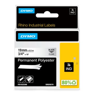 DYMO Rhino Industrial Tape Permanent Polyester 19mmx5.5m black on clear 622290