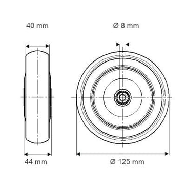 Tente Løs hjul, grå gummi, Ø125x40 mm, Ø8,3xNL45, DIN-kugleleje,  Byggehøjde: 125 mm. Driftstemperatur:  -20°/+60° 00063523