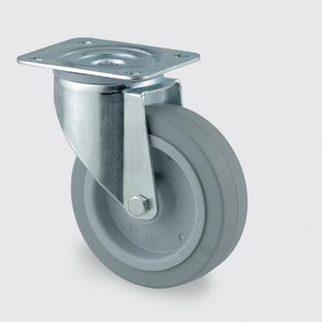 Drejeligt hjul m/ bremse, grå elastisk gummi, Ø160 mm, 300 kg, DIN-kugleleje, med plade Byggehøjde: 200 mm. Driftstemperatur:  -20°/+80° 00005505