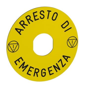 Skilt med tekst Ø90 til nødstop -ARRESTO DE EMERGENZA/logo ISO13850 ZBY8630