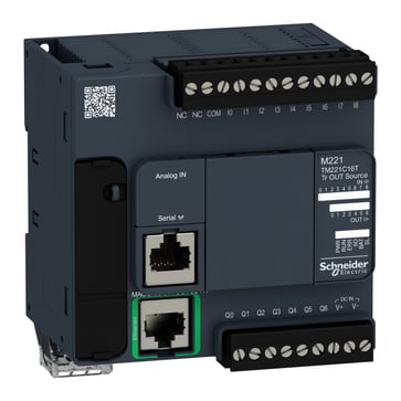 TM221 PLC Kommunikation Modbus, Indgange 9, Analogindgange 2 (0-10V), Udgange 7 PNP, forsyning 24 VDC TM221C16T