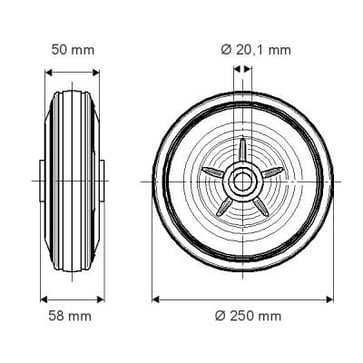 Tente Løs hjul, sort massiv gummi, Ø250x50 mm, Ø20xNL58, glideleje, Byggehøjde: 250 mm. Driftstemperatur:  -20°/+60° 00038261
