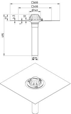 BLÜCHER tagafløb til selvfald med bitumenkrave 400 x 400 mm Ø75 mm 403.104.075