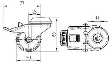 Tente Drejeligt dobbelthjul med bremse, 50 mm, 70 kg, gummi, glideleje, med bolthul Byggehøjde: 69 mm. Driftstemperatur:  -20°/+60° 00030999