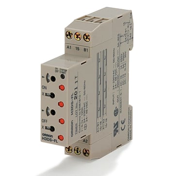 Timer, DIN-skinne montage, 17,5 mm, 24-230 VAC/24-48VDC, tvilling på & off-forsinkelse, 0,1 s-12 timer, SPDT, 5A, låsbare indstillinger, skruen terminaltype H3DS-FL.BY OKxOMI 670935