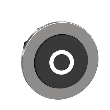 Harmony flush trykknaphoved i metal med fjeder-retur og ophøjet trykflade i sort farve med hvidt "O" ZB4FL232