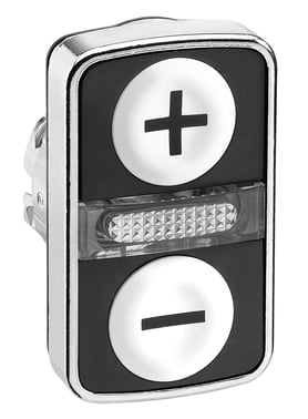 Harmony dobbelt trykknaphoved i metal for LED med et sort "+" på hvid flade og et sort "-" på hvid flade ZB4BW7A1715