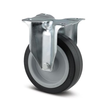 Tente Fast hjul, sort gummi, Ø160 mm, 300 kg, rulleleje, med plade Byggehøjde: 200 mm. Driftstemperatur:  -20°/+60° 00001757