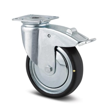Tente Drejeligt hjul med bremse, elektrisk ledende (ESD), gummi, 75 mm, 55 kg, konuskugleleje, med plade Byggehøjde: 100 mm. Driftstemperatur:  -20°/+85° 00004972