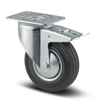 Tente Drejeligt hjul m/ bremse, stålfælg, sort massiv gummi, 160 mm, 135 kg,  rulleleje, med plade  Byggehøjde: 200 mm. Driftstemperatur:  -20°/+60° 00005496