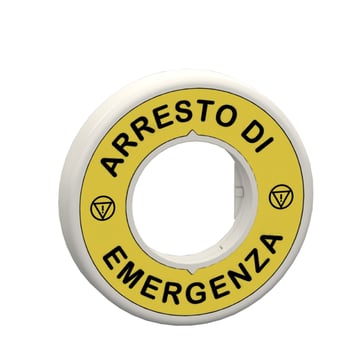 Skilt gul med italiensk tekst "ARRESTO DI EMERGENZA" med indbygget LED med 1 farve (rød) for Ø22 mm nødstophoveder 120V ZBY9W2G630