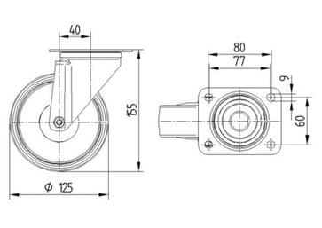 Tente Drejeligt hjul, gummi, grå, Ø125 mm, 180 kg, DIN-kugleleje, med plade Byggehøjde: 155 mm. Driftstemperatur:  -20°/+60° 00061811