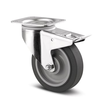 Tente Drejeligt hjul m/ bremse, grå gummi Supratech, Ø160 mm, 200 kg, DIN-kugleleje, med plade Byggehøjde: 200 mm. Driftstemperatur:  -20°/+60° 00063218