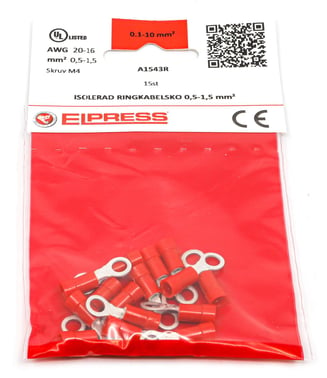 Pre-insulated ring terminal A1543R, 0.5-1.5mm² M4, Red - In bags of 15 pcs. 7278-260703