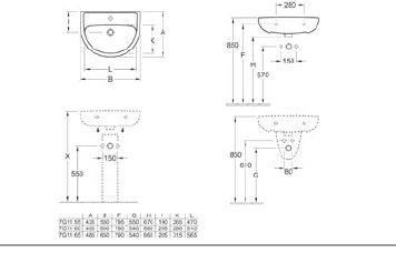 Gustavsberg Saval wash basin 550 x 430 x 190 mm f/bolts 7G115501