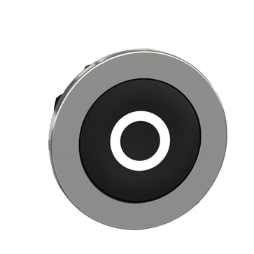 Harmony flush trykknaphoved i metal med fjeder-retur og plan trykflade i sort farve med hvidt "O" ZB4FA232