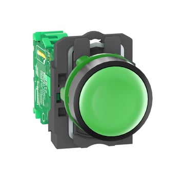 Harmony trådløs trykknap i plast med fjeder-retur og plan trykflade i grøn farve og transmitter med 1 signal ZB5RTA3