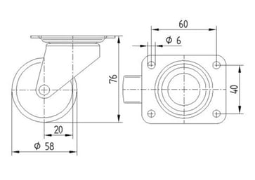 Tente Drejeligt hjul, polypropylen, 58 mm, 100 kg, glideleje, med plade Byggehøjde: 80 mm. Driftstemperatur:  -20°/+60° 00022164