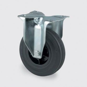 Fast hjul, sort massiv gummi, Ø160 mm, 135 kg, rulleleje, med plade  Byggehøjde: 200 mm. Driftstemperatur:  -20°/+60° 00000795
