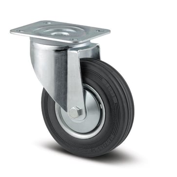 Tente Drejeligt hjul, stålfælg, sort massiv gummi, trådfang, 100 mm, 70 kg, rulleleje, med plade Byggehøjde: 128 mm. Driftstemperatur:  -20°/+60° 00001361