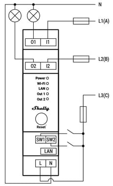 Shelly Pro 2 - WiFI relæ, 2 kanaler med potentialfrit kontaktsæt (110-240VAC) 3800235268025