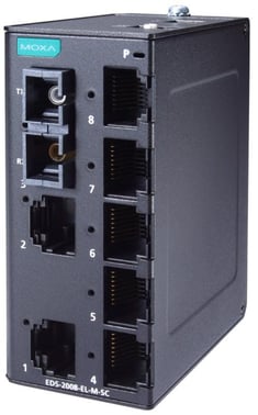 Moxa Kompakt 8-port Ethernet switch 10/100M, QoS og BSP, 1x Multimode fiber SC, EDS-2008-EL-M-SC-T 51464