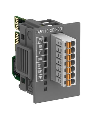 Digital I/O option board. 2 DI: 24VDC. 2 DO: 24VDC 0.5A. Spring terminals included (TA5110-2DI2DOT) 1SAP187000R0003
