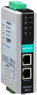 MOXA MGATE MB3170I-T, Modbus Gateway for TCP and RTU/ASCII, 2x LAN RJ45 + 1x Serial RS-232 DB9 / RS-422/485 TB, DIN rail, Isolated, Extended temp, -40 to +75°C, CE, FCC, UL, IECEx, ATEX Class 1 Devision 2, DNV 43162