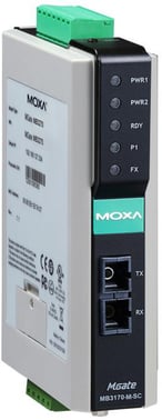 MOXA MGATE MB3170I-M-SC, Modbus Gateway for TCP and RTU/ASCII, 2x LAN RJ45 + 1x Serial RS-232 DB9 / RS-422/485 TB, DIN rail, Fiber Multimode SC, Isolated, 0 to +60°C, CE, FCC, UL, IECEx, ATEX Class 1 Devision 2, DNV 50357