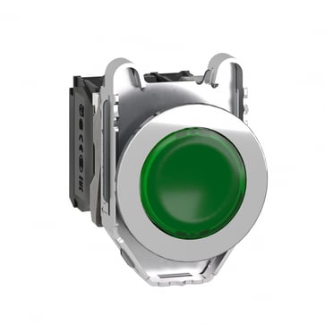Harmony flush lampetryk komplet med LED og plan trykflade med fjeder-retur i grøn farve 24VAC/DC forsyning 1xNO+1xNC, XB4FW33B5 XB4FW33B5