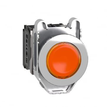 Harmony flush lampetryk komplet med LED og plan trykflade med fjeder-retur i orange farve 110-120VAC forsyning 1xNO+1xNC, XB4FW35G5 XB4FW35G5