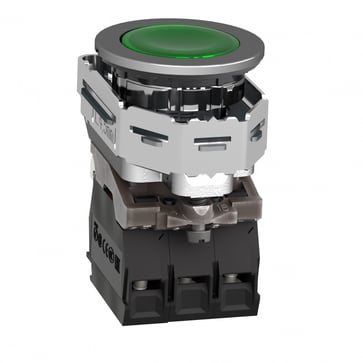 Harmony flush lampetryk komplet med LED og plan trykflade med fjeder-retur i grøn farve 230-240VAC forsyning 1xNO+1xNC, XB4FW33M5 XB4FW33M5