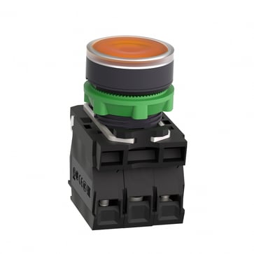 Harmony lampetryk komplet med LED og plan trykflade med fjeder-retur i orange farve 24VAC/DC forsyning 1xNO+1xNC, XB5AW35B5 XB5AW35B5