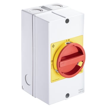 Enclosed safety switch, 3 poles + 1NO/NC, 63A, R/Y handle, IP66/67. KG20.T203/40.KL11V 54250