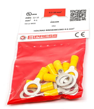 Pre-insulated ring terminal A4610R, 4-6mm² M10, Yellow - In bags of 10 pcs. 7278-262503