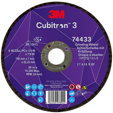 3M™ Cubitron™ 3 Skrubskive med forsænket midte, 74433, 36+, T27, 150 mm x 7 mm x 22,23 mm, Special EN, 10-pak, 20 stk./kasse 7100303963