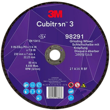 3M™ Cubitron™ 3 Skrubskive med forsænket midte, 98291, 36+, T27, 230 mm x 7 mm x 22,23 mm, EN, 10-pak, 20 stk./kasse 7100303979
