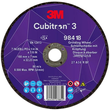 3M™ Cubitron™ 3 Skrubskive med forsænket midte, 98418, 36+, T27, 180 mm x 7 mm x 22,23 mm, EN, 10-pak, 20 stk./kasse 7100303980
