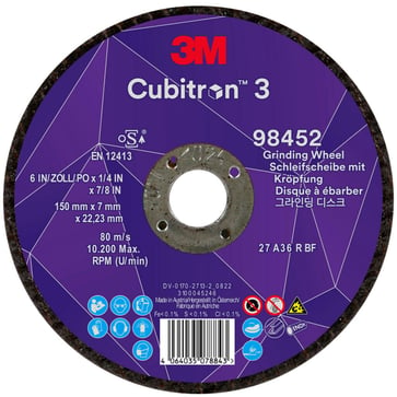 3M™ Cubitron™ 3 Skrubskive med forsænket midte, 98452, 36+, T27, 150 mm x 7 mm x 22,23 mm, EN, 10-pak, 20 stk./kasse 7100303981