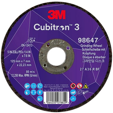 3M™ Cubitron™ 3 Skrubskive med forsænket midte, 98647, 36+, T27, 125 mm x 7 mm x 22,23 mm, EN, 10-pak, 20 stk./kasse 7100303982