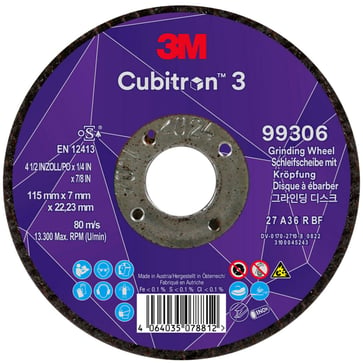 3M™ Cubitron™ 3 Skrubskive med forsænket midte, 99306, 36+, T27, 115 mm x 7 mm x 22,23 mm, EN, 10-pak, 20 stk./kasse 7100303983