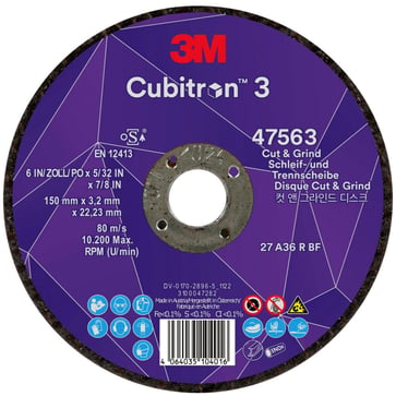 3M™ Cubitron™ 3 Skære- og slibeskive, 47563, 36+, T27, 150 mm x 3,2 mm x 22,23 mm, EN, 10-pak, 20 stk./kasse 7100305148