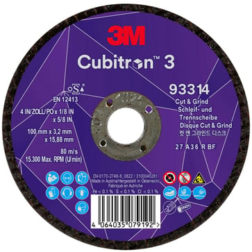 3M™ Cubitron™ 3 Skære- og slibeskive, 93314, 36+, T27, 100 mm x 3,2 mm x 15,88 mm, EN, 10-pak, 20 /kasse 7100305445