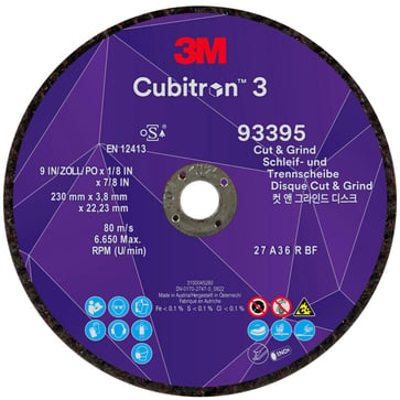 3M™ Cubitron™ 3 Skære- og slibeskive, 93395, 36+, T27, 230 mm x 3,8 mm x 22,23 mm, EN, 10-pak, 20 stk./kasse 7100305446