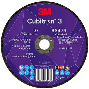 3M™ Cubitron™ 3 Skære- og slibeskive, 93473, 36+, T27, 180 mm x 3,5 mm x 22,23 mm, EN, 10-pak, 20 stk./kasse 7100305447