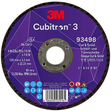 3M™ Cubitron™ 3 Skære- og slibeskive, 93498, 36+, T27, 125 mm x 3,2 mm x 22,23 mm, EN, 10-pak, 20 stk./kasse 7100305448